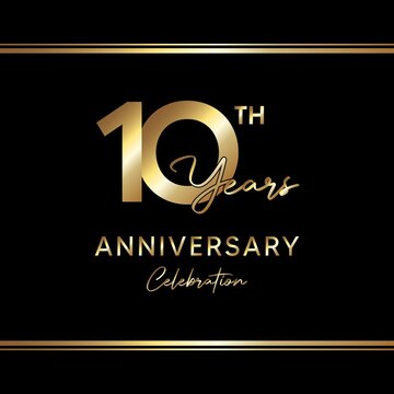 10 years anniversary celebration. Anniversary logo with golden color isolated on black background, vector design for celebration, invitation card, greeting card, and banner