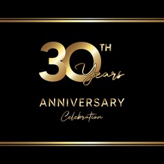 30 years anniversary celebration. Anniversary logo with golden color isolated on black background, vector design for celebration, invitation card, greeting card, and banner