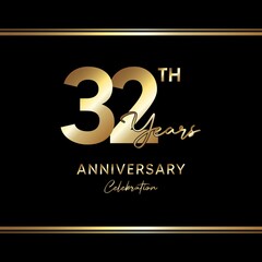 Fototapeta na wymiar 32 years anniversary celebration. Anniversary logo with golden color isolated on black background, vector design for celebration, invitation card, greeting card, and banner