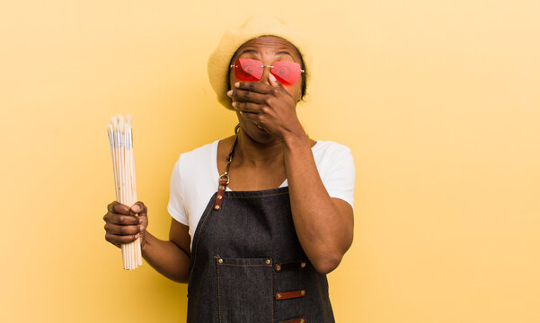 black pretty woman covering mouth with hands with a shocked