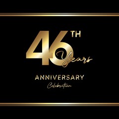 46 years anniversary celebration. Anniversary logo with golden color isolated on black background, vector design for celebration, invitation card, greeting card, and banner