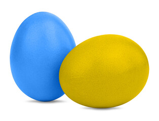 Two Easter egg  in blue and yellow color, the colors of the flag of Ukraine. Isolated on white background. 