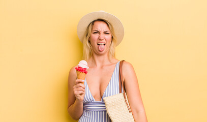 blonde pretty woman feeling disgusted and irritated and tongue out