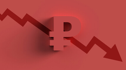 Fototapeta premium Conceptual 3d red russian ruble symbol with falling value collapse, render for financial crisis inflation
