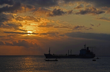 Oil ship at Beach Sunset