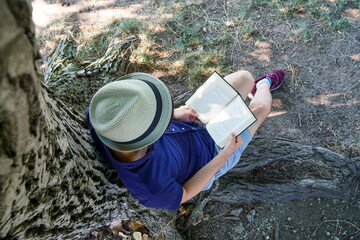 Young man reading under a tree in summer.