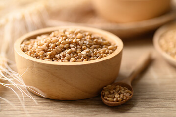 Whole wheat grain in wooden bowl, Food ingredients