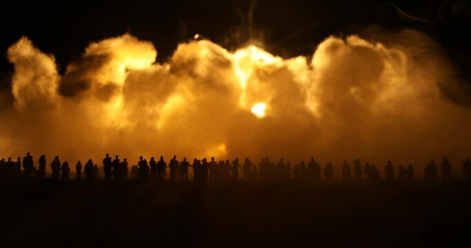 Creative artwork decoration - Russian war in Ukraine concept. Crowd looking on giant explosion and attacking soldiers. Selective focus