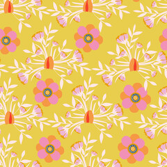 Mustard with whimsical flower elements with their white decorative leaves seamless pattern background design.