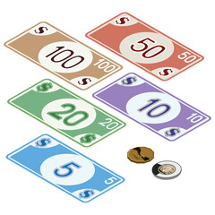American oney, bills 5, 10, 20, 50 & 100, coins 1 & 2 dollars. Full color graphic renderings