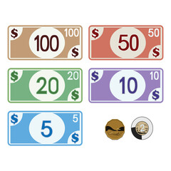 American oney, bills 5, 10, 20, 50 & 100, coins 1 & 2 dollars. Full color graphic renderings
