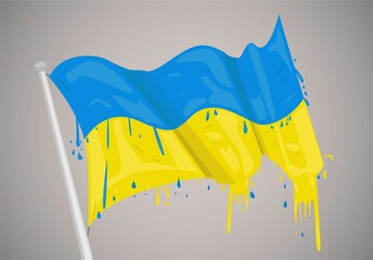 Ukrainian Flag With Paint Dripping. Ukrainian Flag Under Attack