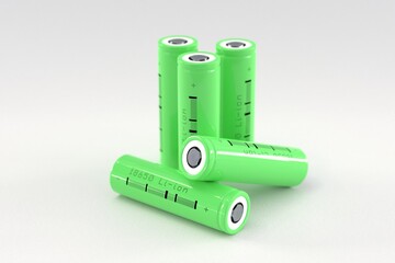 5 green cylindrical lithium-ion batteries type 18650 on a light gray background. Rechargeable batteries for electrical appliances and devices. Storage battery or secondary cell