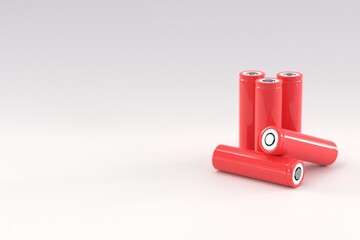 5 red cylindrical batteries on a light gray background. Storage battery or secondary cell....