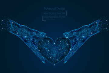 Abstract isolated image of human hand holding heart. Polygonal low poly style illustration looks like stars in the blask night sky in spase or flying glass shards. - obrazy, fototapety, plakaty