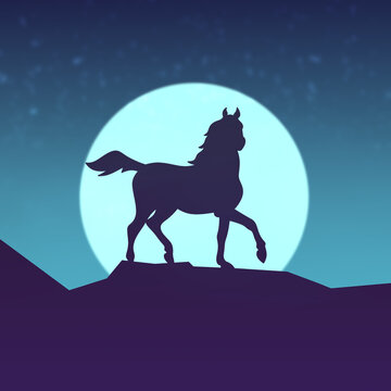The magic horse standing alone against the colorful night sky, on the moon background