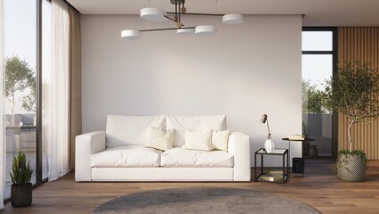 White sofa and marble table. 3d render. Luxurious living room interior in light colors.