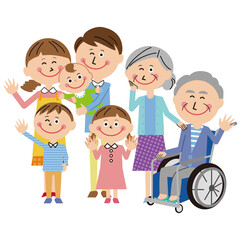  .ポップな3世代家族　車いすのお爺ちゃんとハーイ！