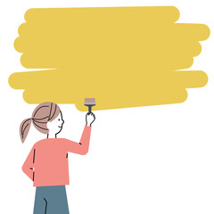 黄色のペンキを塗るポニーテールの女性