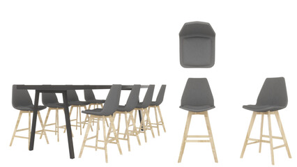 Long black wooden bar stools with gray upholstered wood bar stools,top view, side,3d rendering