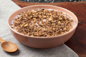 Strawberry yogurt with granola and quinoa. Selective focus