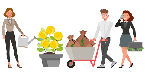 Set of successful business people with money character vector design. Presentation in various action. People working in office planning, financial and economic analysis.