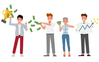 Set of successful business people with money character vector design. Presentation in various action. People working in office planning, financial and economic analysis.