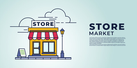 shop or market store vector illustration on grey background. concept of online shopping on social media app.