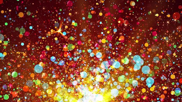 Glitter colorful particles rising is a spectacular motion graphics background. Multicolored shining particles are rising, brilliant light particle video, color bubble stage performance celebration.