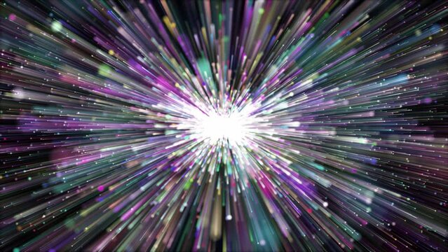 Colorful particle light bloom is a spectacular motion graphics background. Colorful light stripes burst, beautiful particle light movement. Stage performance, party background, bar concert.