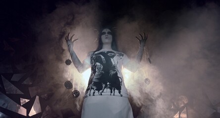 the sorceress stands in the smoke. voodoo rite - obrazy, fototapety, plakaty