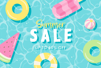 summer vector background with pool floats in water for banners, cards, flyers, social media wallpapers, etc. © mar_mite_