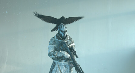 fighter with a crossbow and a raven, Apocalypse, - obrazy, fototapety, plakaty