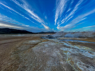 Beautiful aerial view of Namaskard Boiling mud geothermal volcano area in Iceland