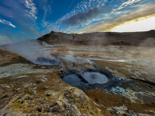 Beautiful aerial view of Namaskard Boiling mud geothermal volcano area in Iceland