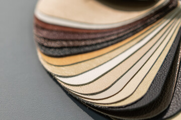 Luxury multicolored leather samples close-up. Can be used as background. Industry background. Multicolored palette leather