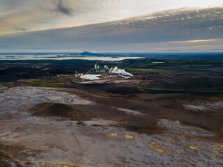 Beautiful aerial view of Namaskard Boiling mud geothermal volcano area in Iceland