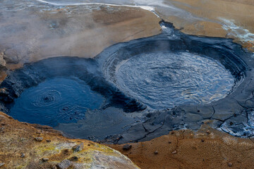 Beautiful aerial view of Namaskard Boiling mud geothermal volcano area in Iceland
