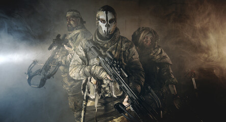 Fototapeta premium apocalypse fighters. a girl with a bow and a guy with crossbows.