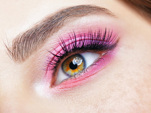 Closeup macro shot of human female eye with pink eyes shadows
