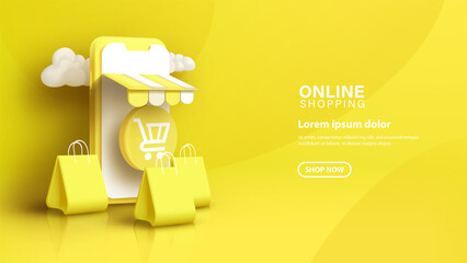 Online shopping with 3d smartphone on yellow background