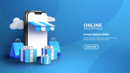 Online shopping with 3d smartphone with shopping bag and gift box