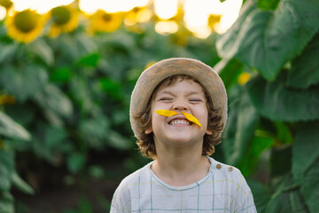 Happy little boy walking in field of sunflowers and making a mustache from sunflower petals. Child...
