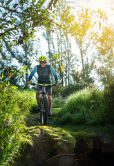 middle-aged man mountain biking downhill on a forest morning