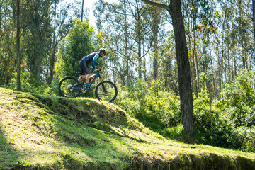 man riding down a mountain on his bicycle through a forest