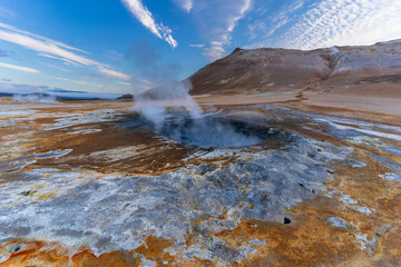 Beautiful aerial view of Namaskard Boiling mud geothermal volcano area in Iceland