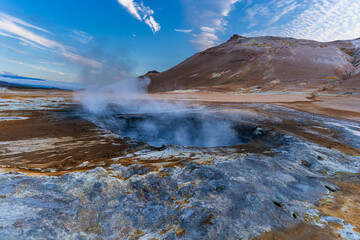 Beautiful aerial view of Namaskard Boiling mud geothermal volcano area in Iceland