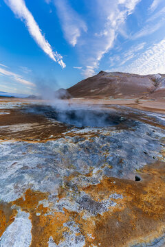 Beautiful aerial view of Namaskard Boiling mud geothermal volcano area in Iceland