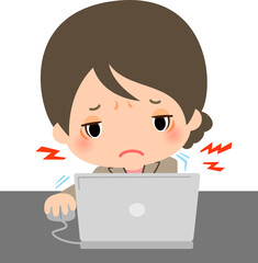 偏った姿勢でパソコンを使うスーツの女性