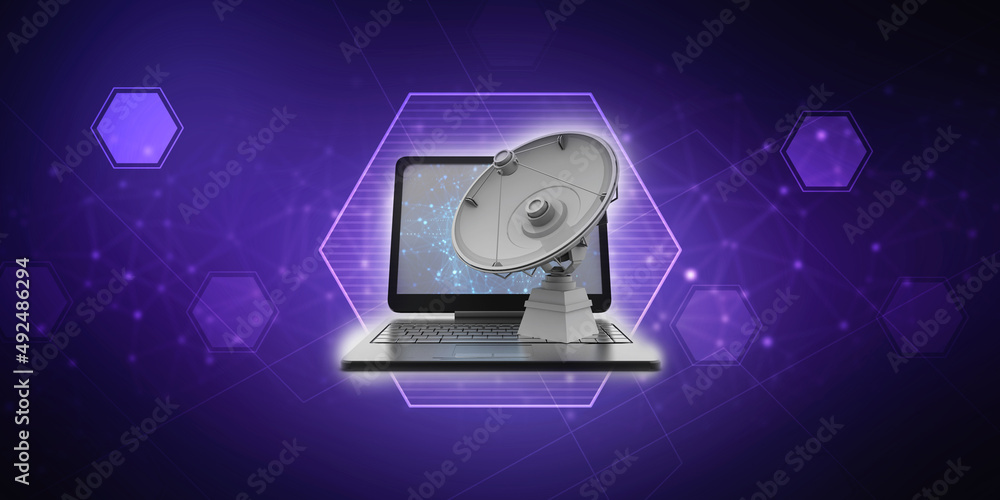 Poster satellite connected computer , 3d rendering